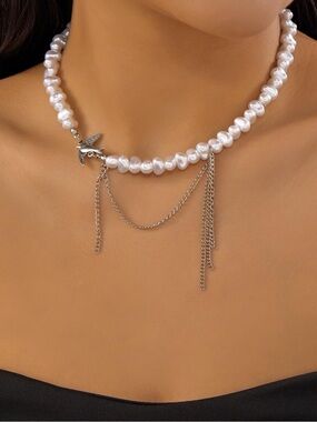 Coastal Luxe Baroque Pearl Choker with Silver Fringe Accent